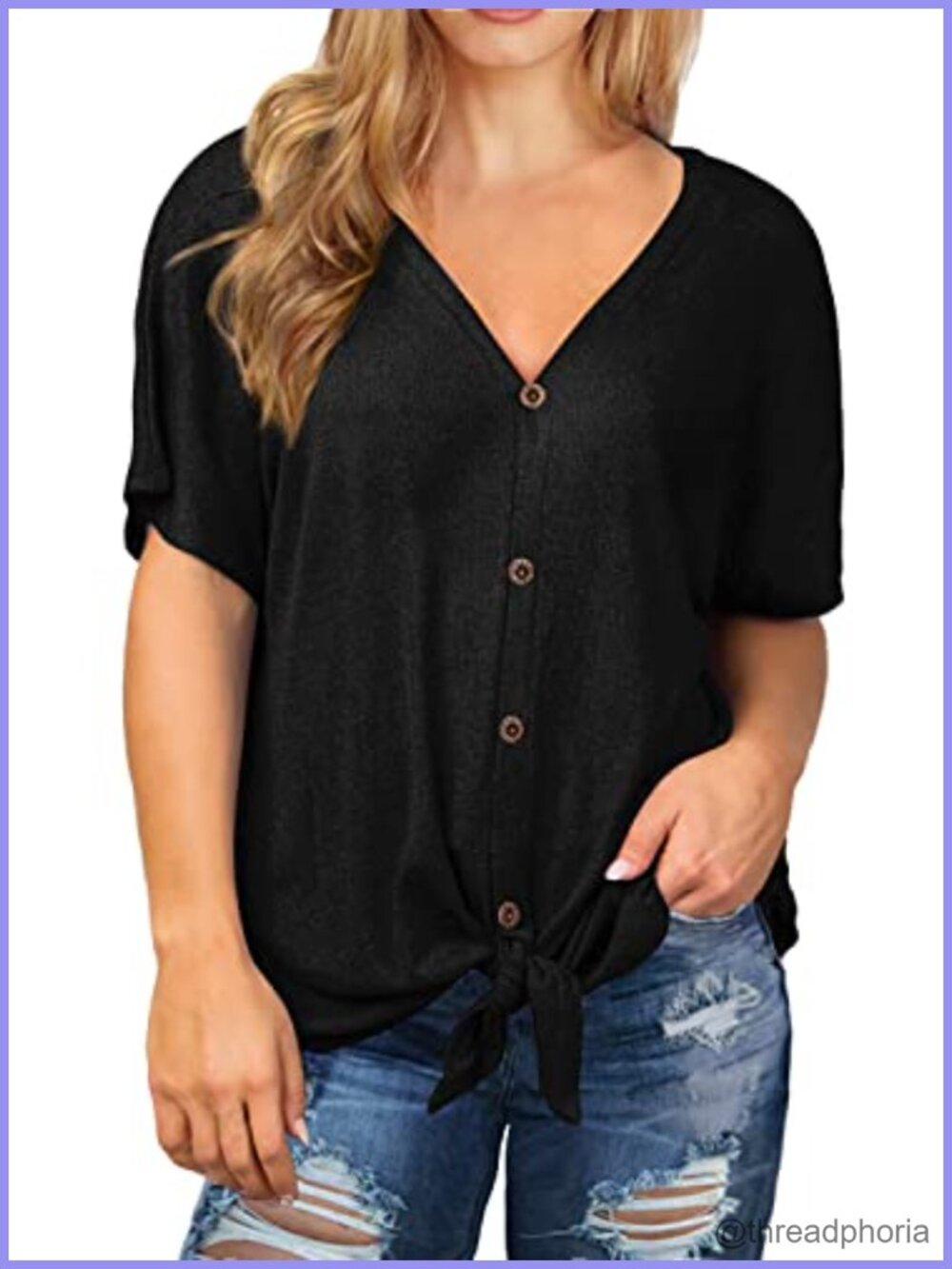 Plus Size Waffle Knit Tunic Top Short Sleeve V Neck Button Down